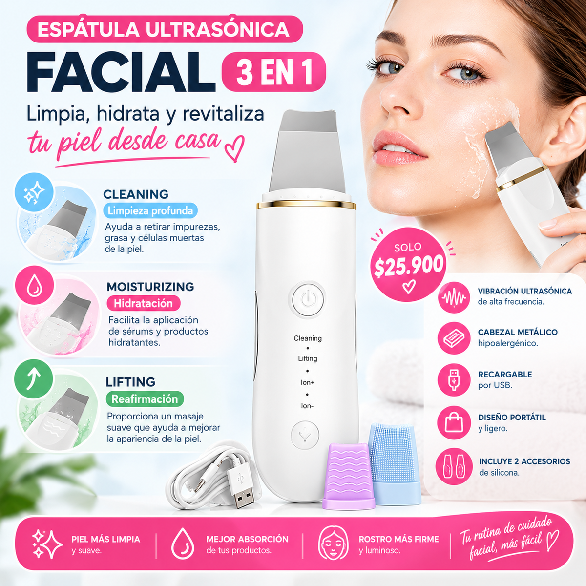 Espátula Ultrasónica Facial 3 en 1