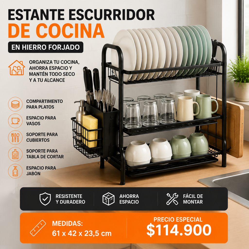 Estante Escurridor de Cocina de 3 Niveles en Hierro Forjado