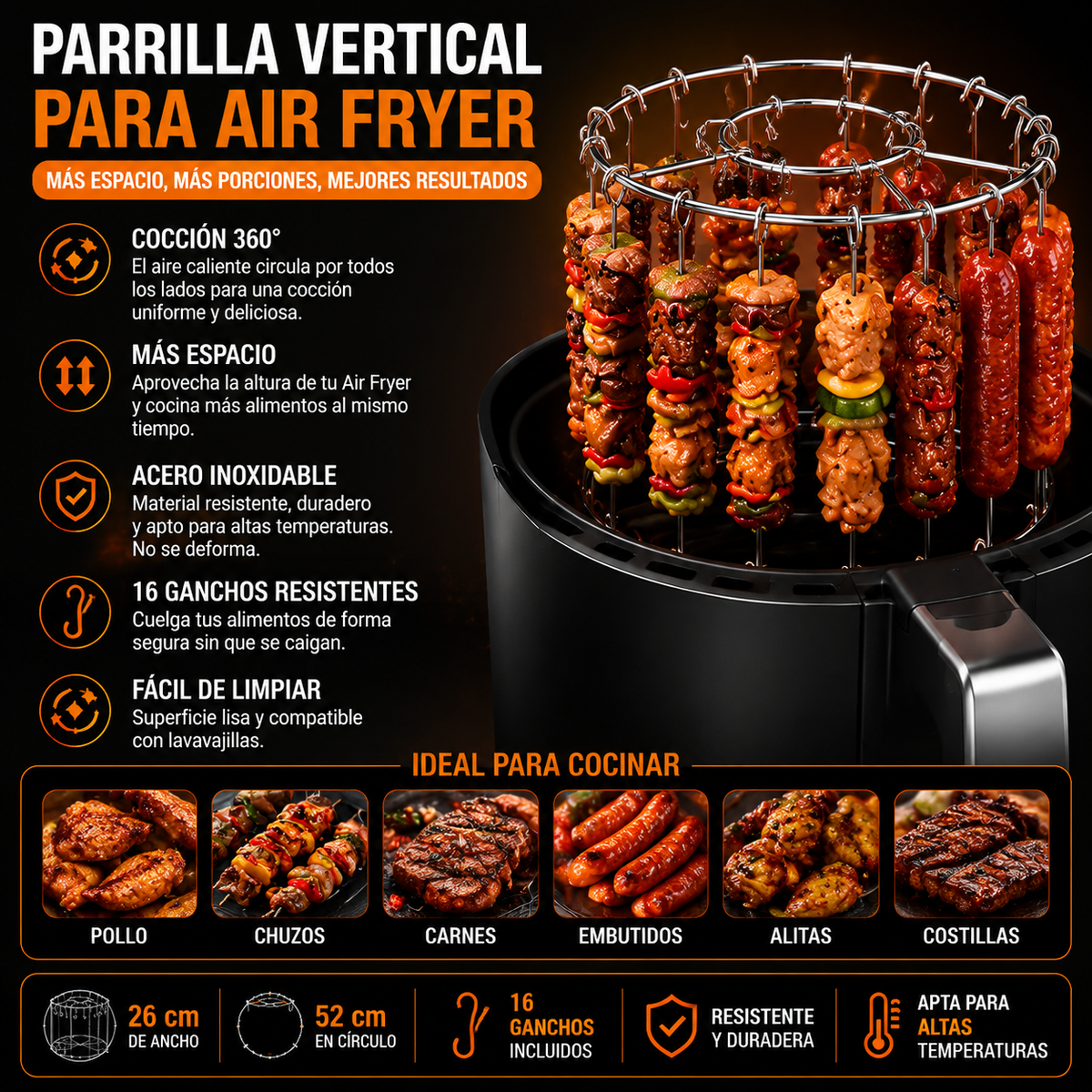 Parrilla Vertical para Air Fryer 26x52 cm + 16 Ganchos